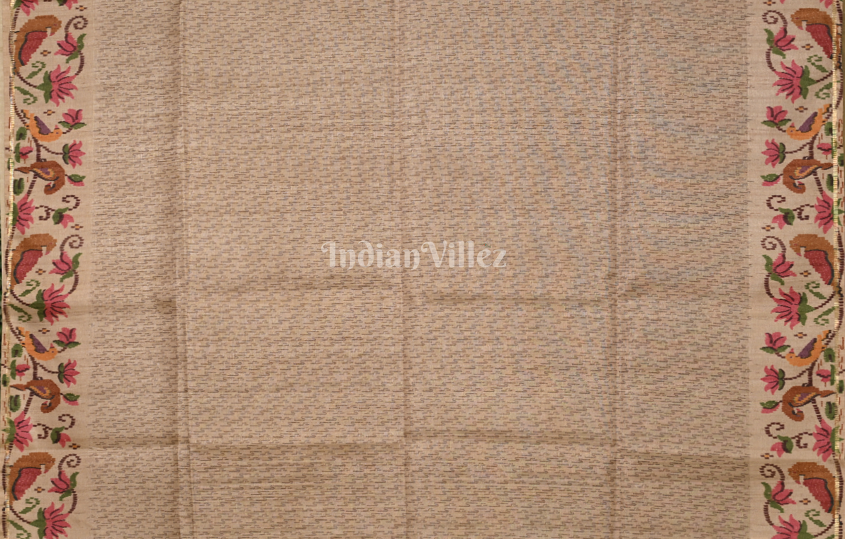 Mehendi Green Beige Check Pattern Tussar Silk Saree