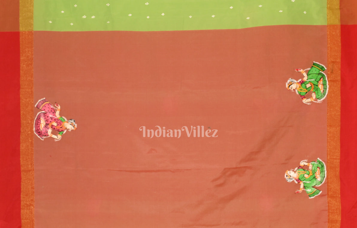 Parrot Green Raasleela Hand-Painted Pattachitra Saree