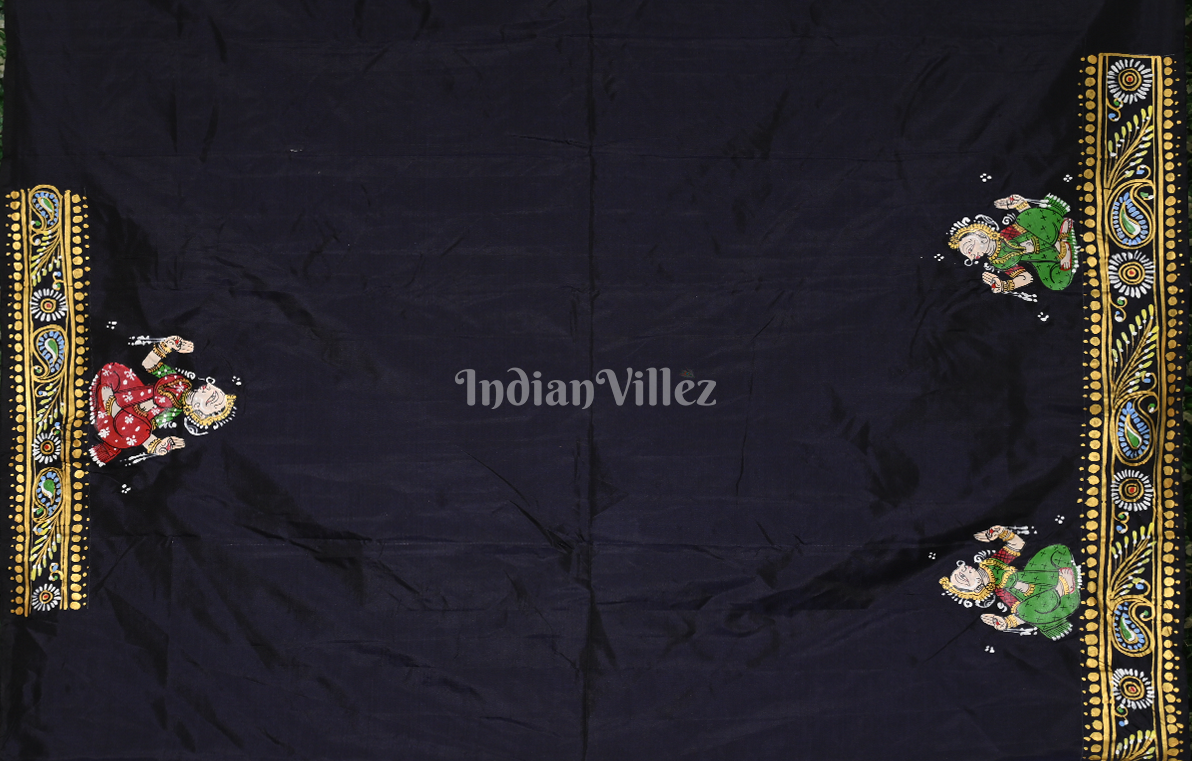 Navy Blue Shree Jagannath Ratha Yatra Hand-Painted Pattachitra Saree