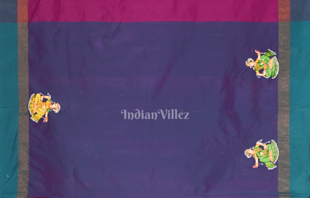 Purple Blue Raasleela Hand-Painted Pattachitra Saree