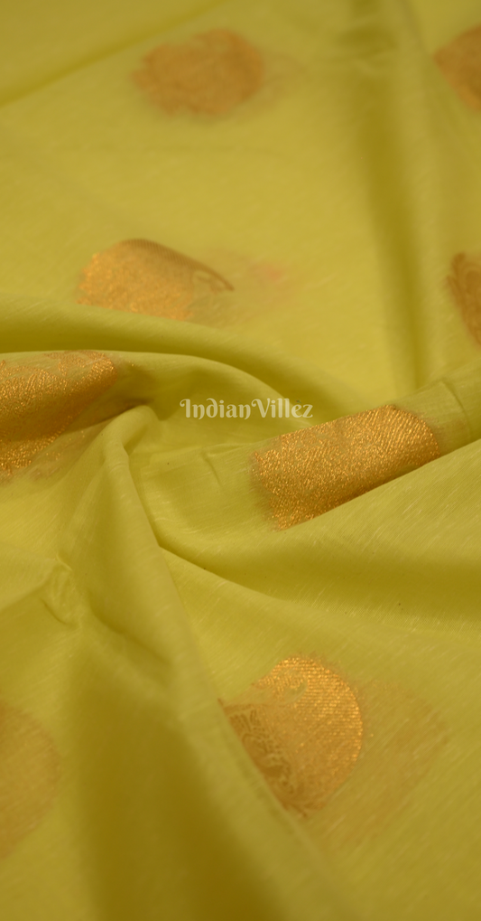 Lemon Yellow Pink Linen with Copper Zari Weaving Saree