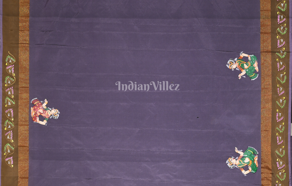 Purple Krishna Raas Leela  Hand-Painted Pattachitra Saree