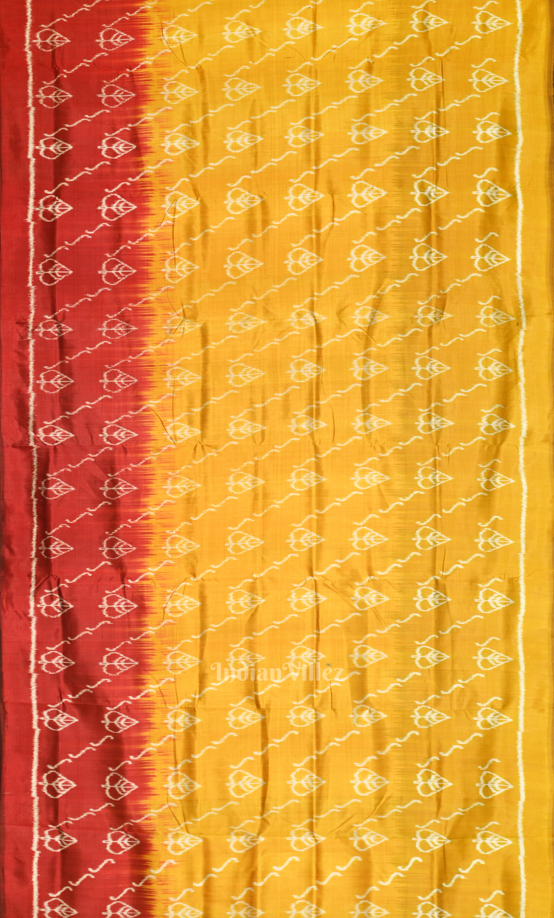 Mustard Yellow Red Odisha Ikat Contemporary Designer Silk Saree with Tribal Anchal