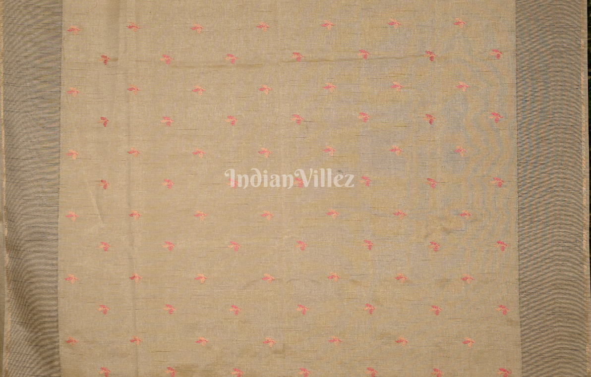 Dusty Brown Tusasr Silk Saree with Pink Floral Bird Embroidery Work 