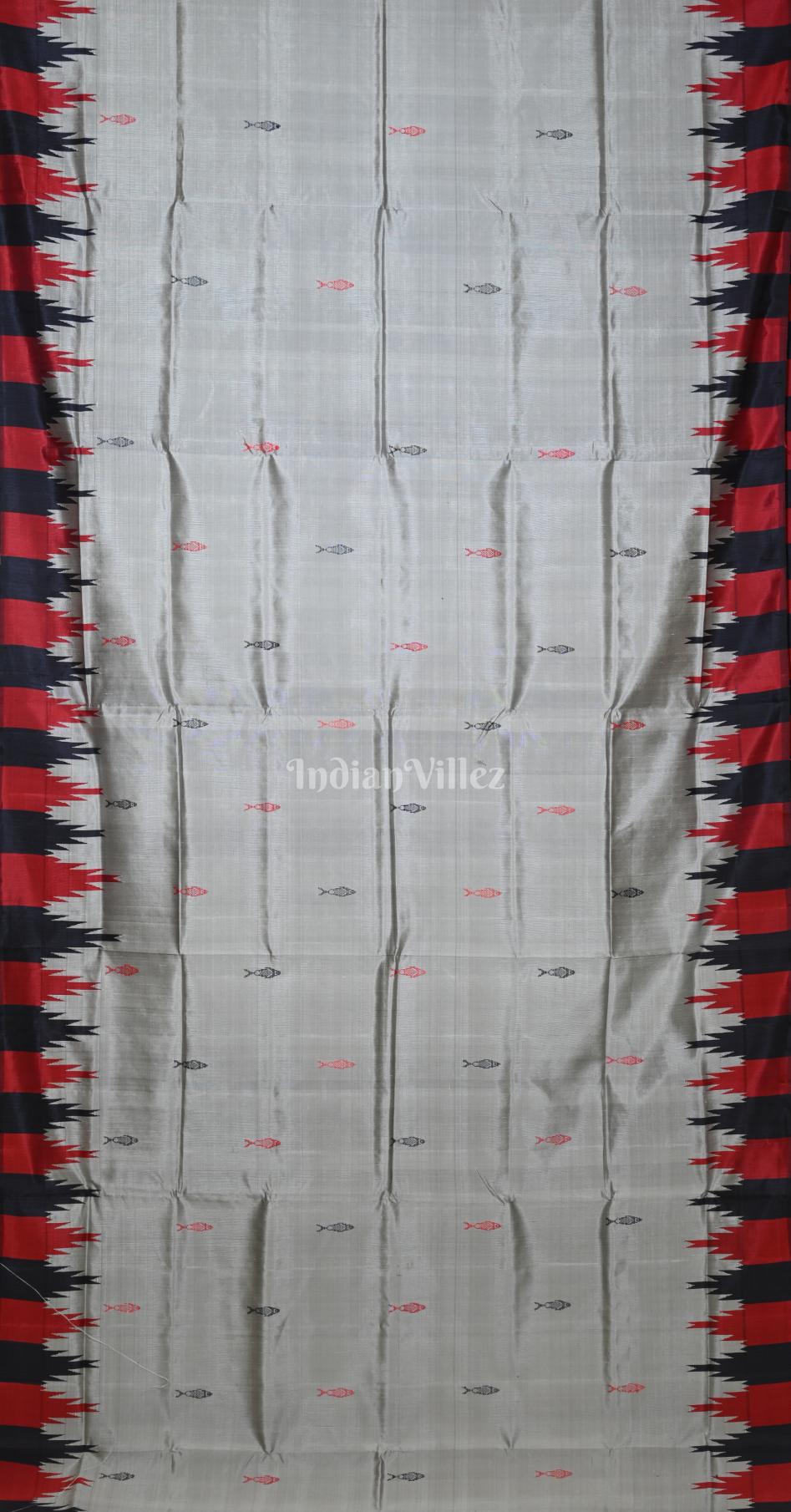 Cement Grey Red Fish Motif Double Pallu Berhampuri Silk Saree