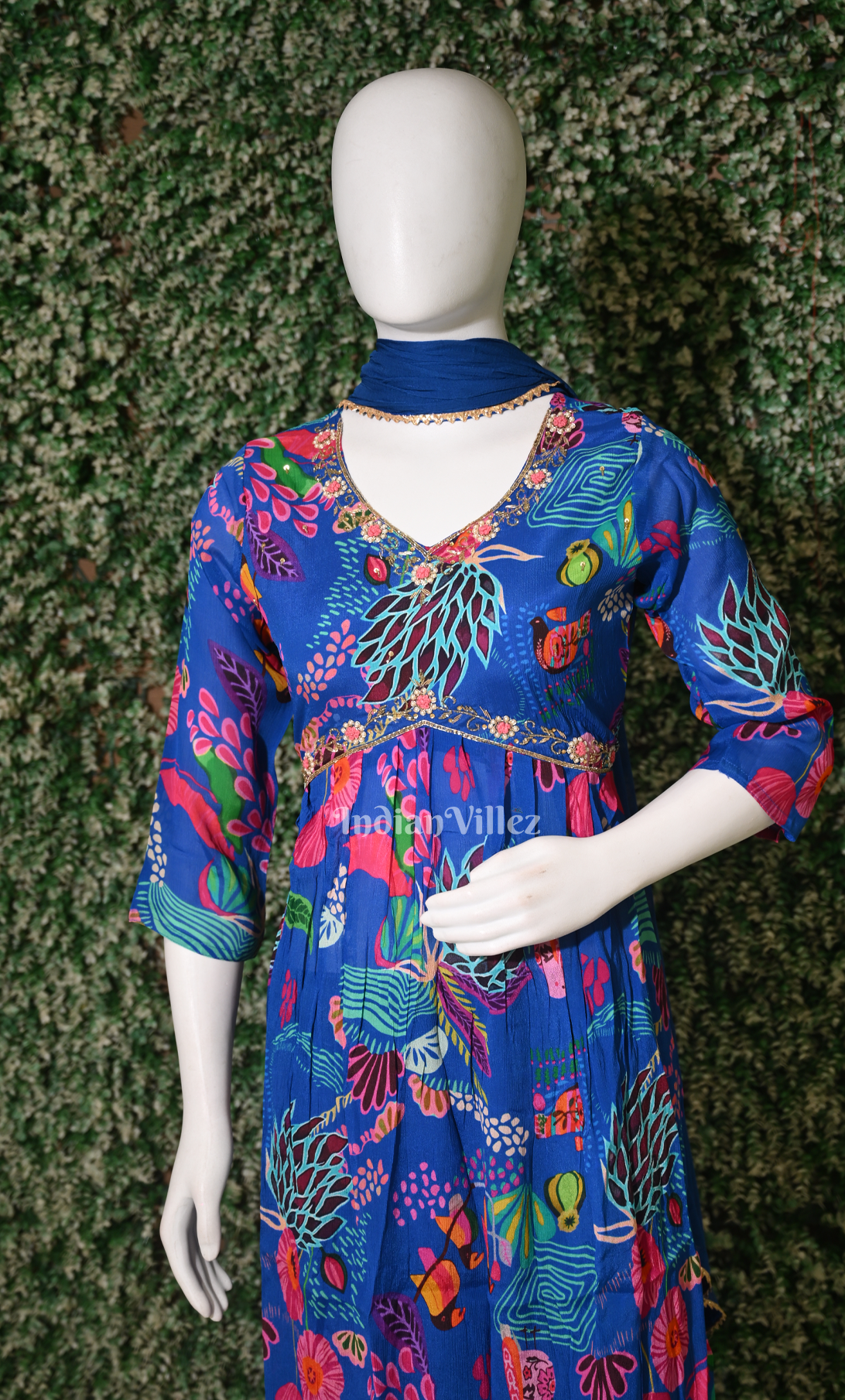 Royal Blue Floral Embroidered Alia Cut Kurta Plazzoo with Dupatta set
