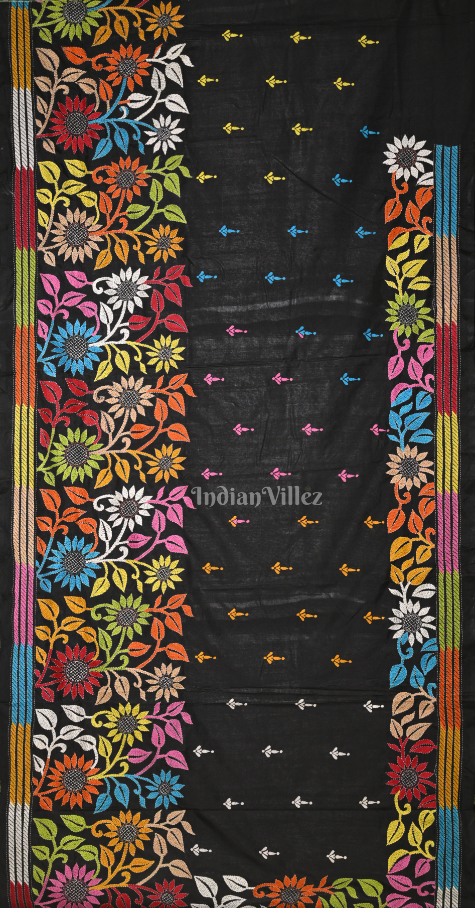 Black Floral Handwoven Kantha Stitch Silk Saree