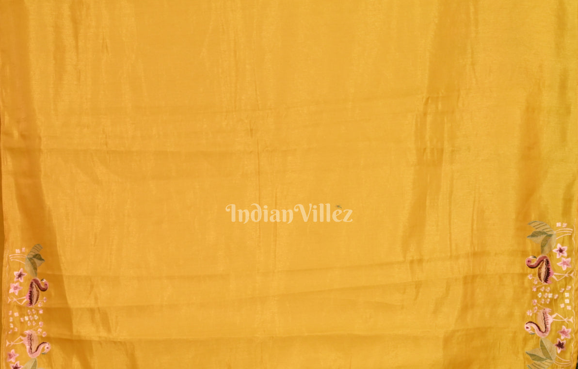 Mustard Yellow Tussar Silk Saree with Floral Hand Embroidery Border