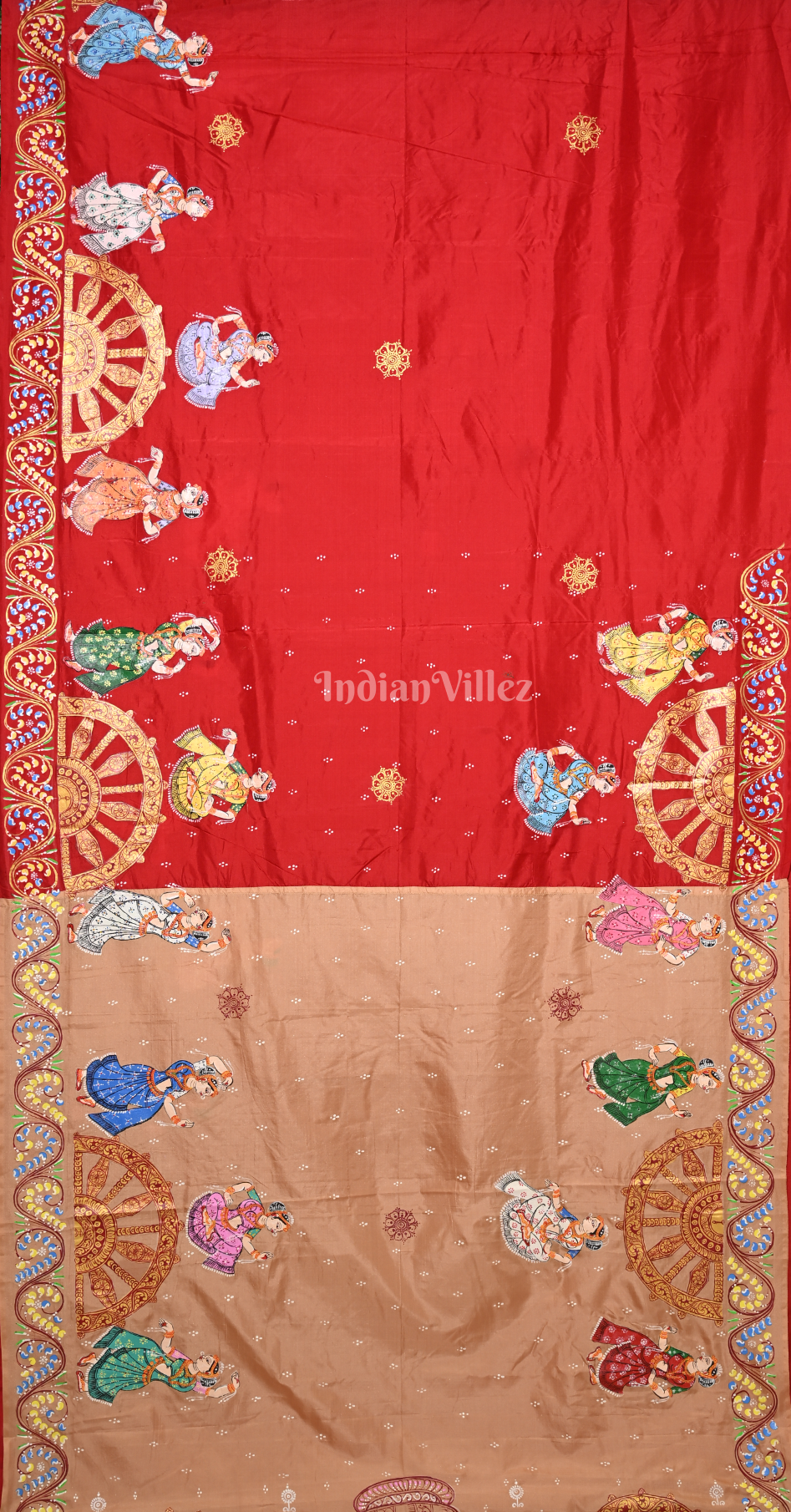 Beige Red Nartaki Konark Temple Hand-Painted Pattachitra Saree 