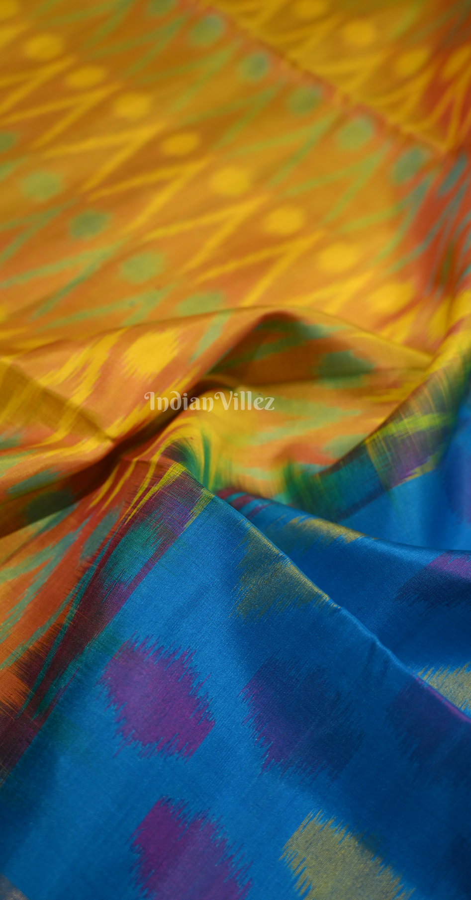 Mustard Yellow Blue Pochampally Ikat Silk Saree