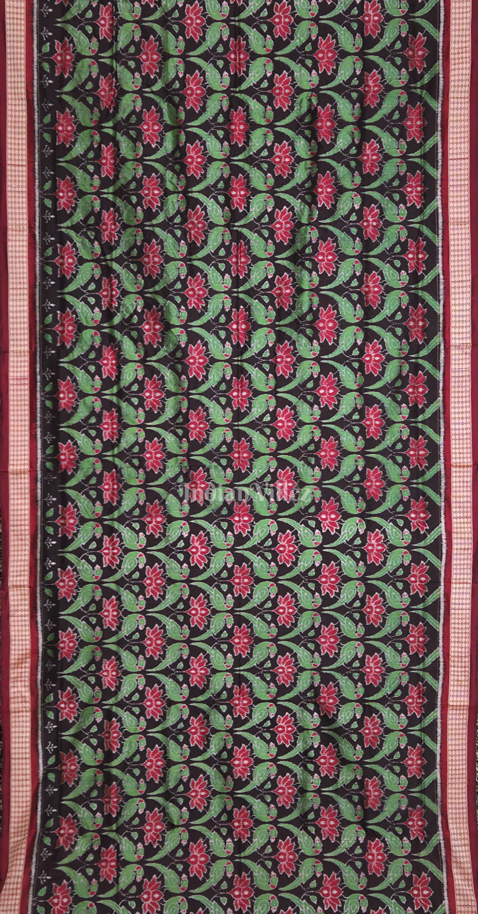 Black Red Lotus Parrot Motif Odisha Ikat Sambalpuri Silk Saree 