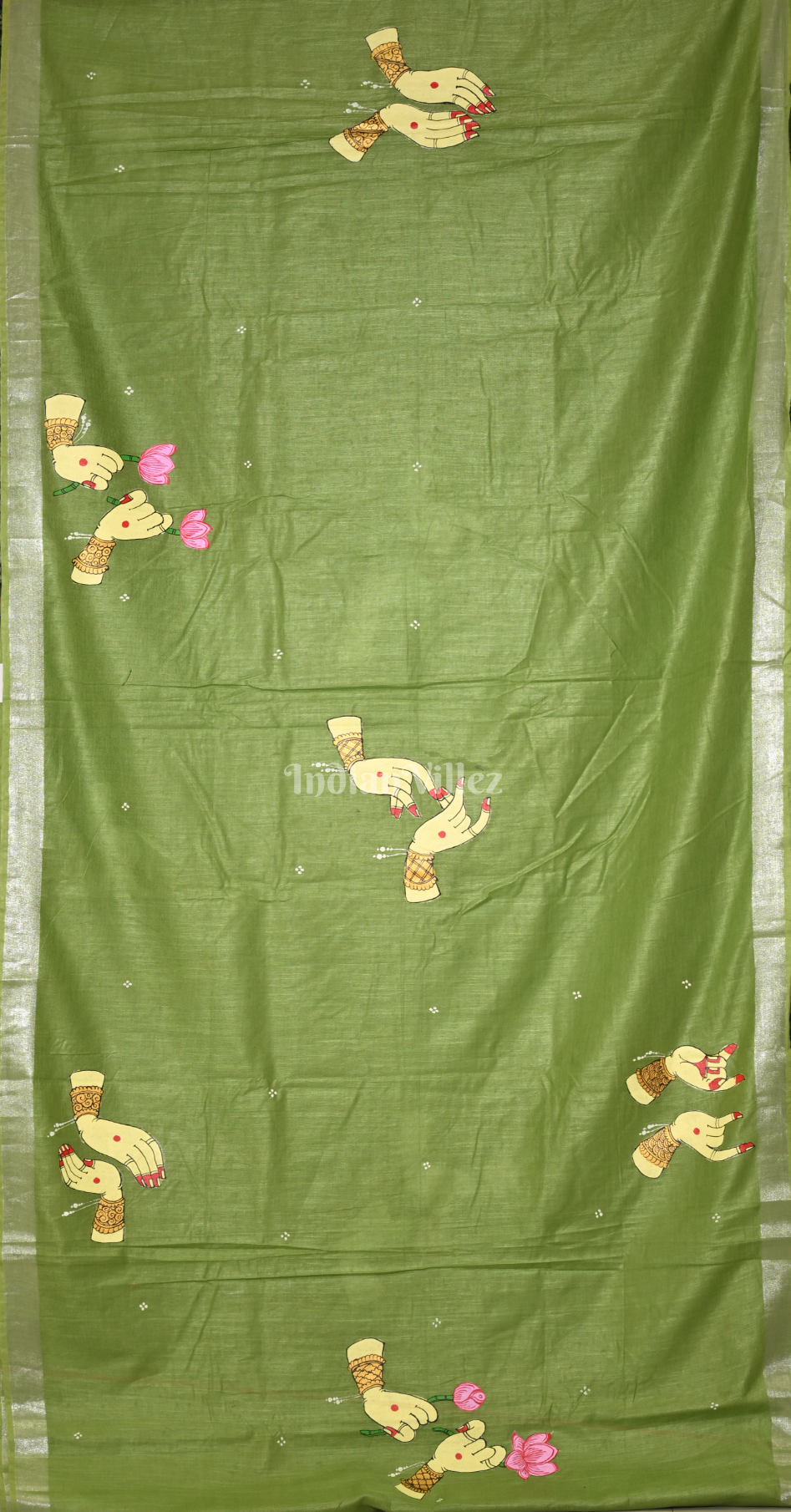 Mehendi Green Mudra Theme Hand-Painted Pattachitra Saree