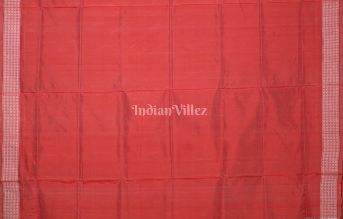 Red Laxmi Feet Jhoti Theme Ikat Sambalpuri Silk Saree with Peacock Anchal