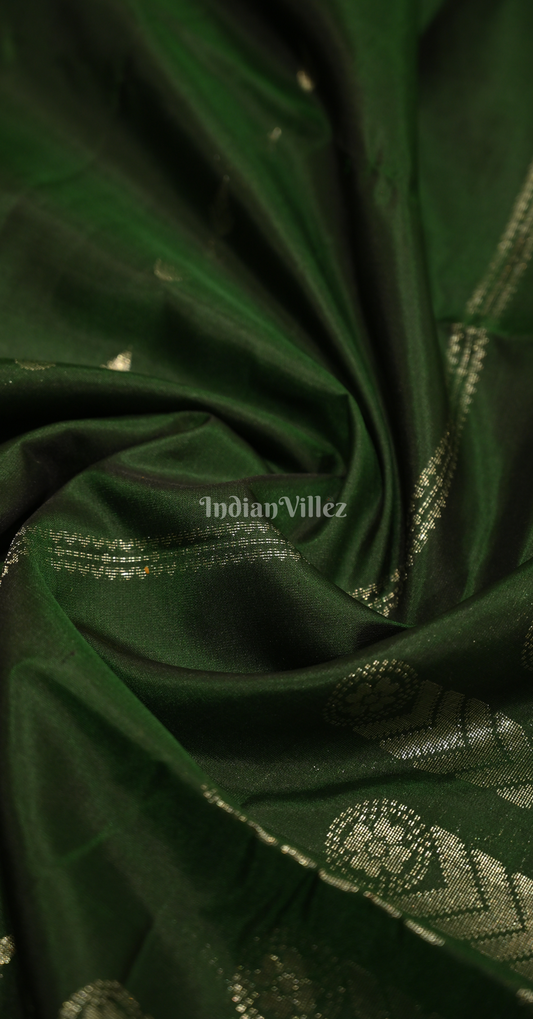 Bottle Green Silver Zari Pure Kanjivaram Soft Silk Saree 