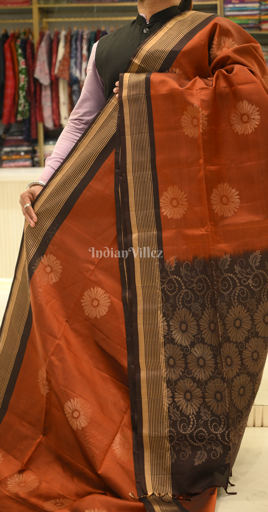 Rust Orange Coffee Floral Zari Pure Kanjivaram Soft Silk Saree