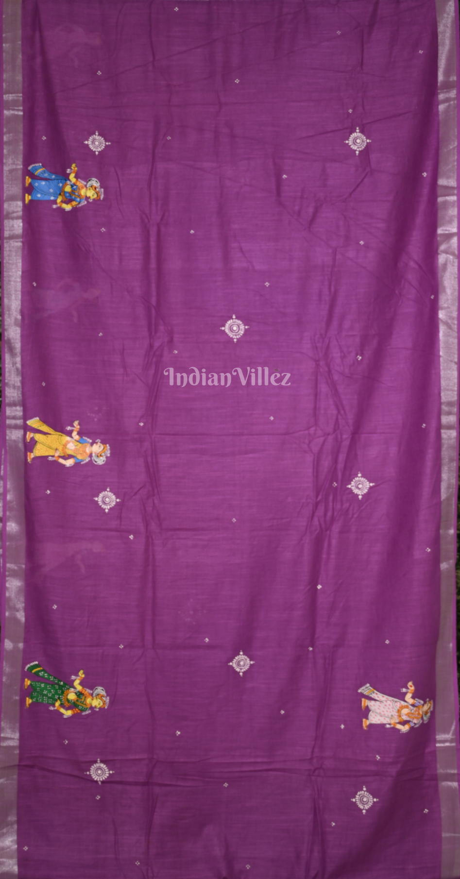 Purple Wine Krishna Rasa Leela Hand-Painted Pattachitra Saree