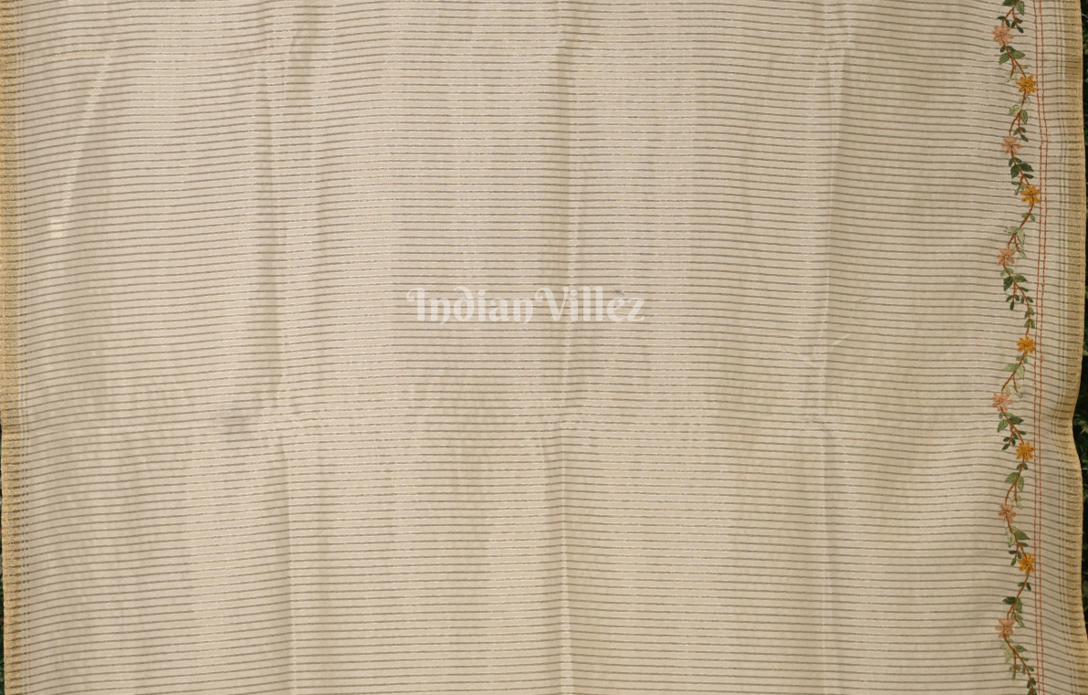 Off White Tussar Silk Saree with Floral Embroidery Work