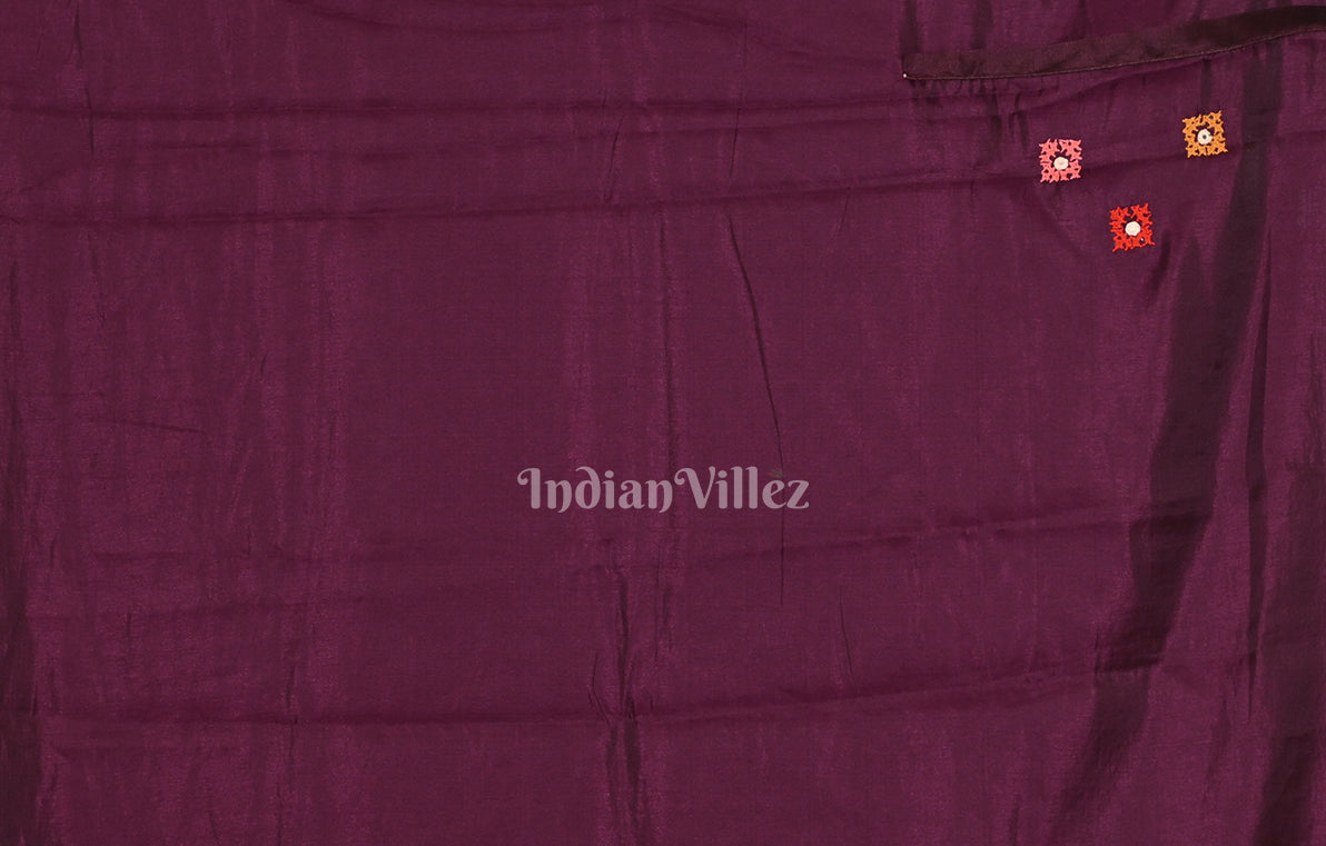 Plum Purple Tusasr Silk Saree with Floral Hand Embroidery Work 