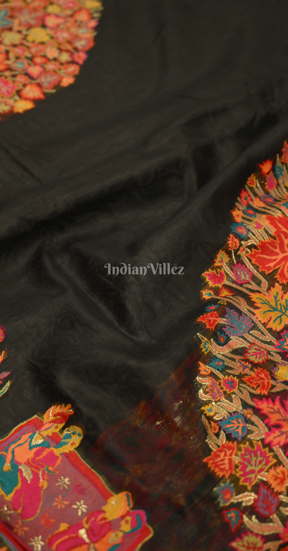 Black Tree of Life Pure Kashmiri Cotton Pashmina Saree