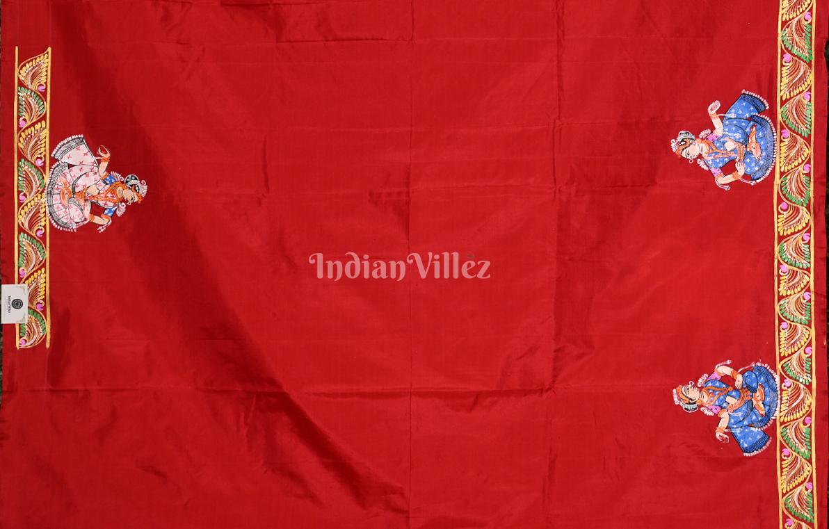  Red  Peacock (Mayur) & Nartaki Theme  Hand-Painted Pattachitra Saree