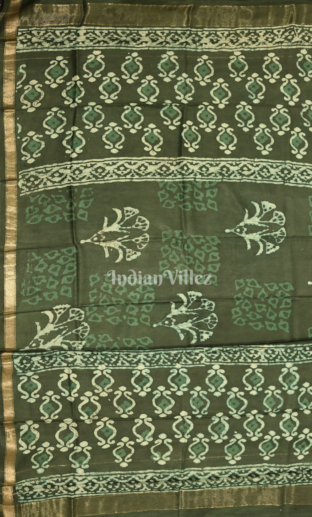 Bottle Green Bagru Crepe Block Printed Silk Suit Sets 
