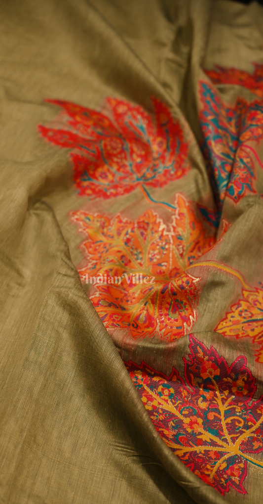 Mehendi Green Tree of Life Pure Kashmiri Cotton Pashmina Saree