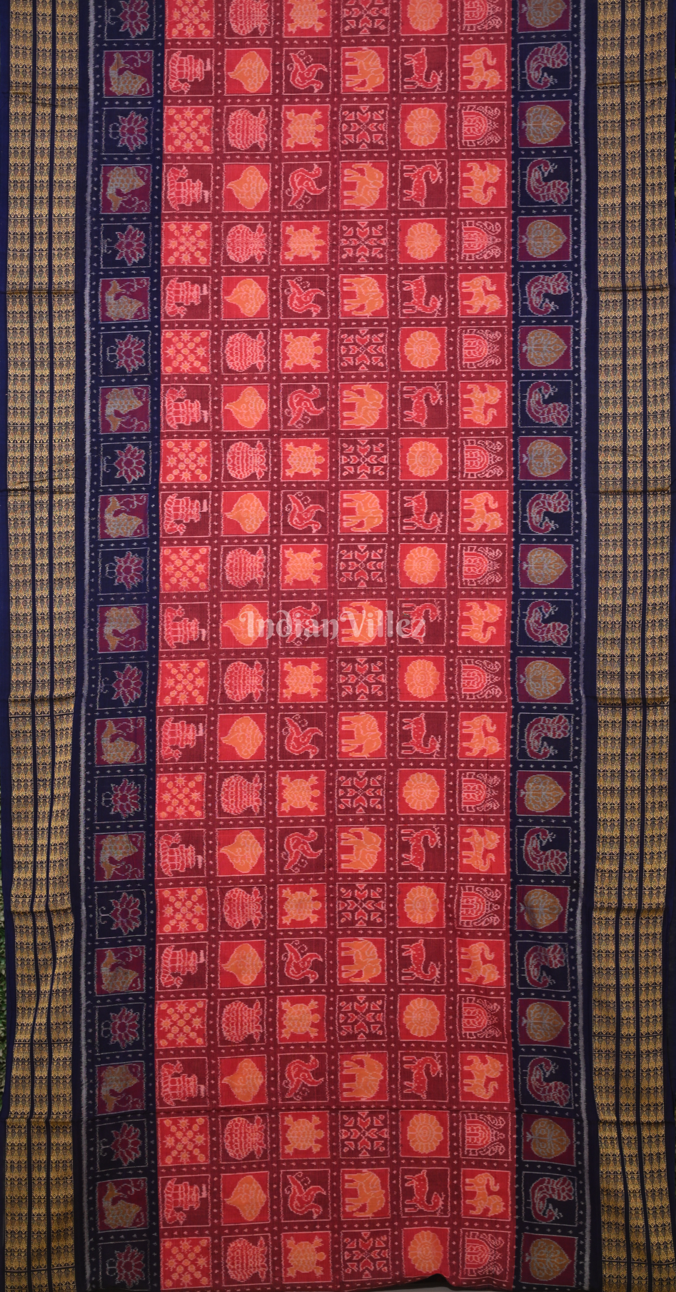 Peach Red Navy Blue Nabakothi Odisha Ikat Sambalpuri Cotton Saree 
