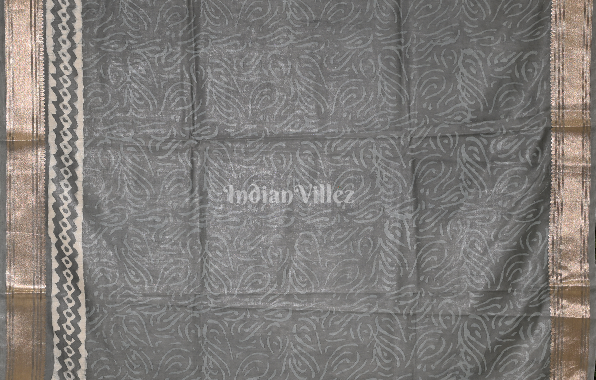 Grey Block Printed Dabu Cotton Saree