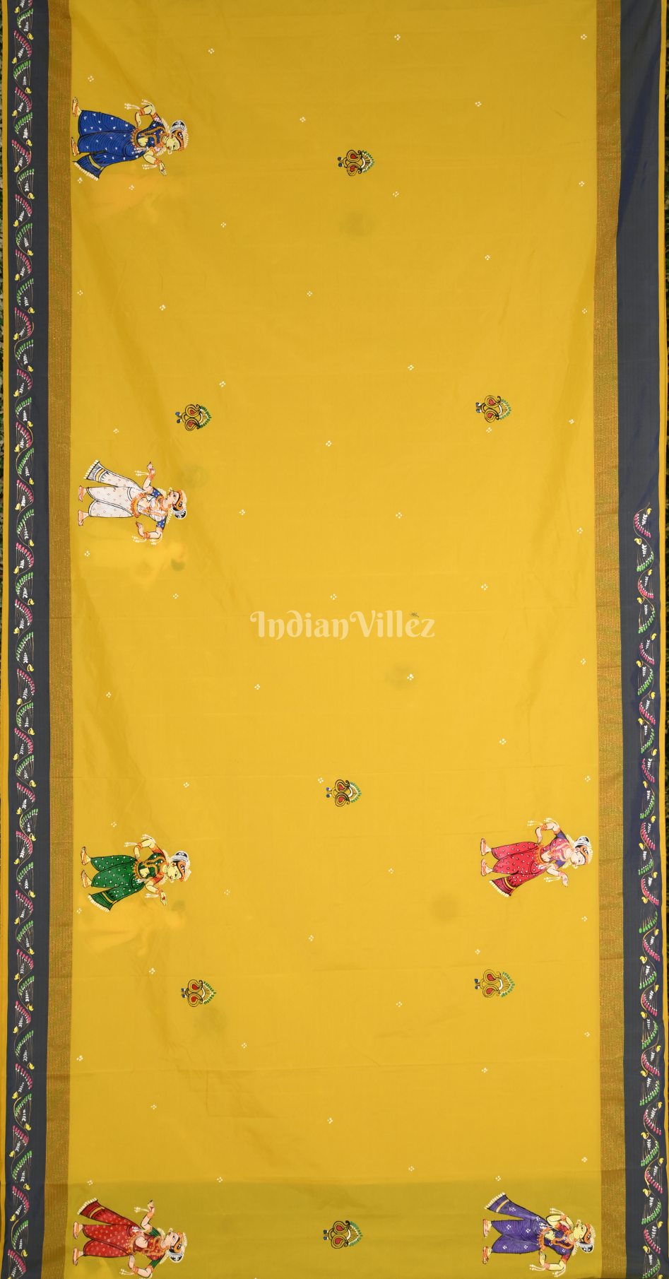 Yellow Grey Raja Doli Theme Hand-Painted Pattachitra Saree