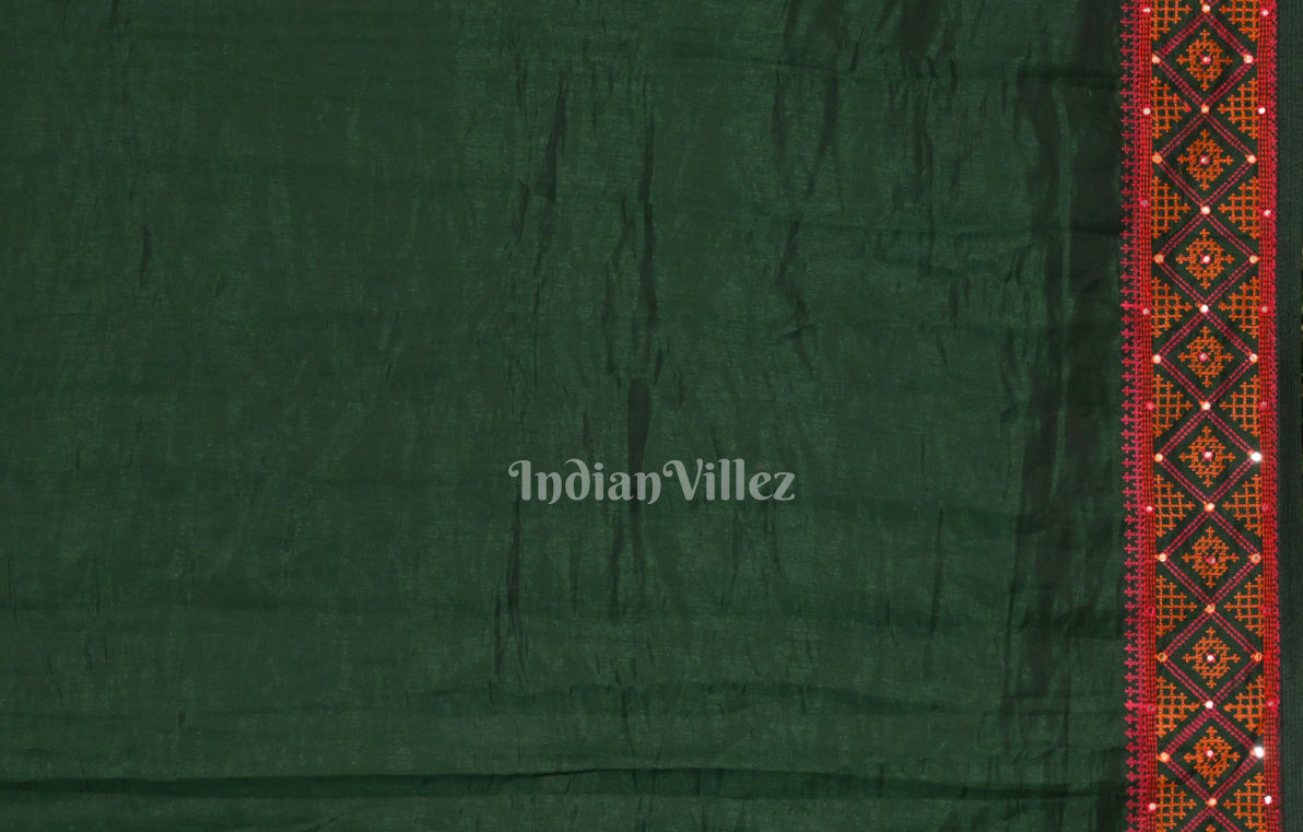 Green Red Tusasr Silk Saree with Hand Embroidery