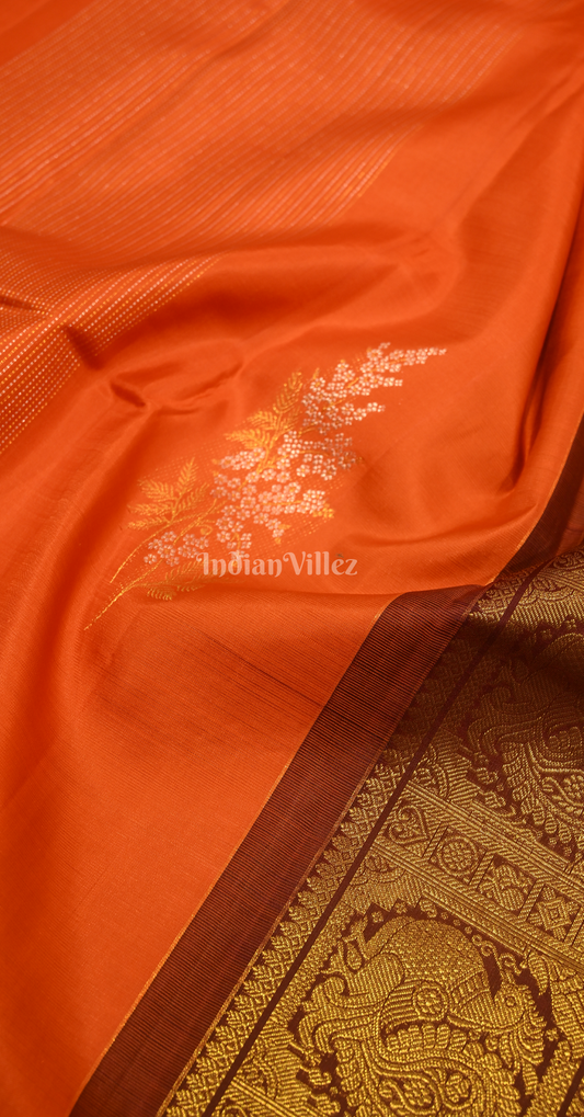 Exclusive Orange maroon Brocade Pure Kanjivaram Silk Saree 