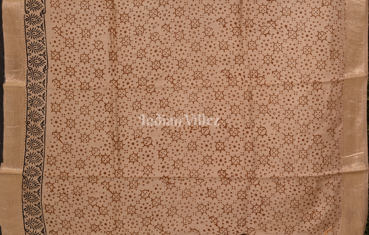 Beige with Maroon Block Printed Bagru Cotton Saree 