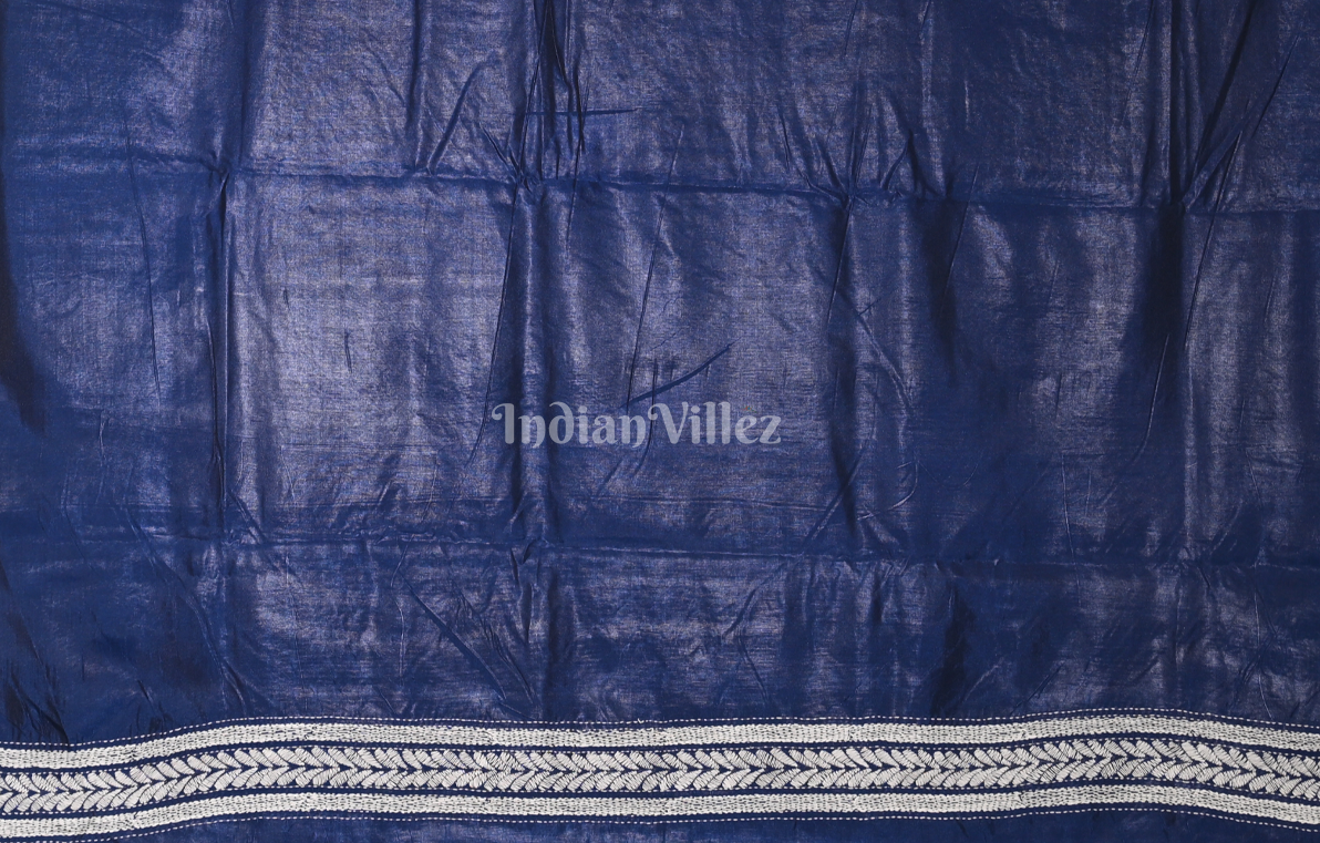 Navy Blue Handwoven Kantha Stitch Silk Saree