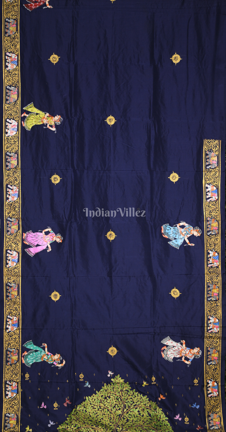 Blue Pink Kandarpa Hasti (Elephant) Hand-Painted Pattachitra Saree 