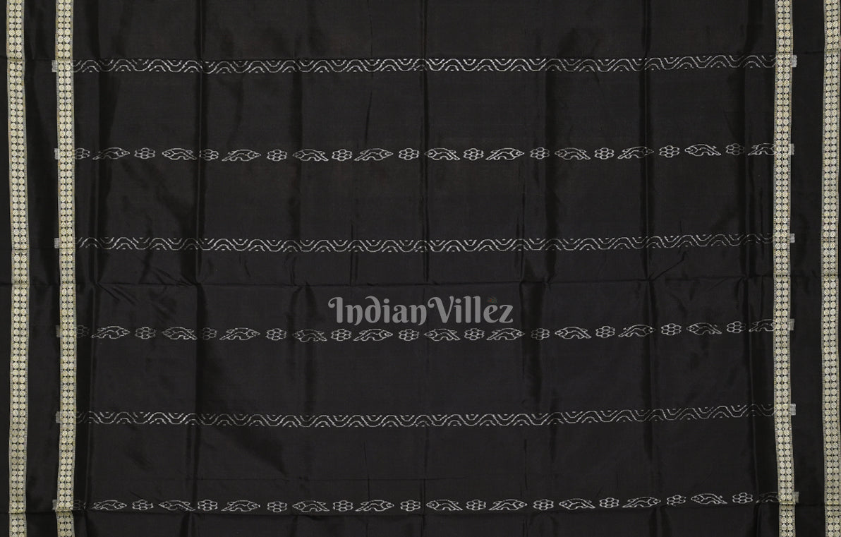Magenta Pink Black Elephant Motif Odisha Ikat Sambalpuri Silk Saree