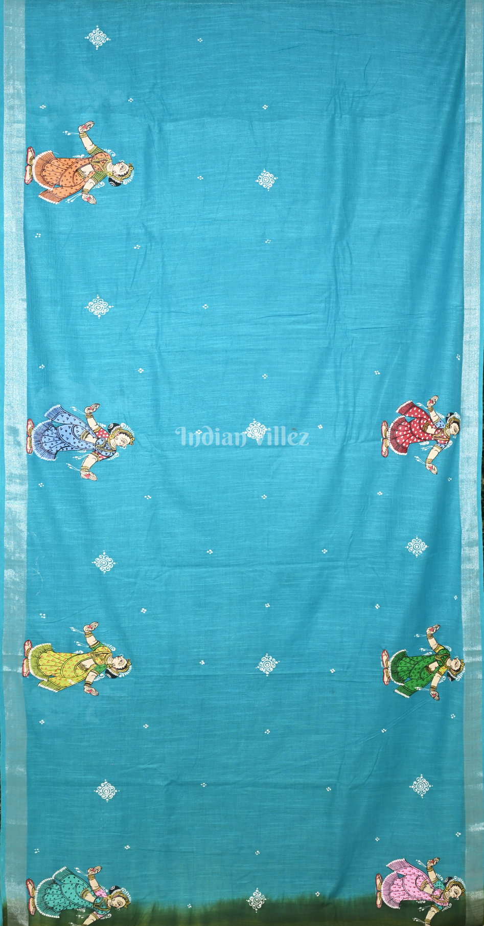 Blue Mehendi Green Doli Barat Theme  Hand-Painted Pattachitra Saree 