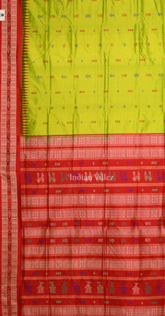 Parrot Green Red Fish Motif Odisha Ikat Bomkai Silk Saree with Ganga Jamuna Border