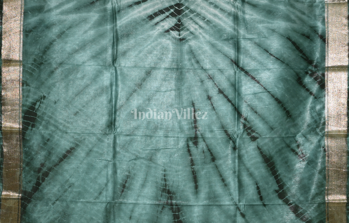 Teal Blue Block Printed Shibori Cotton Saree 