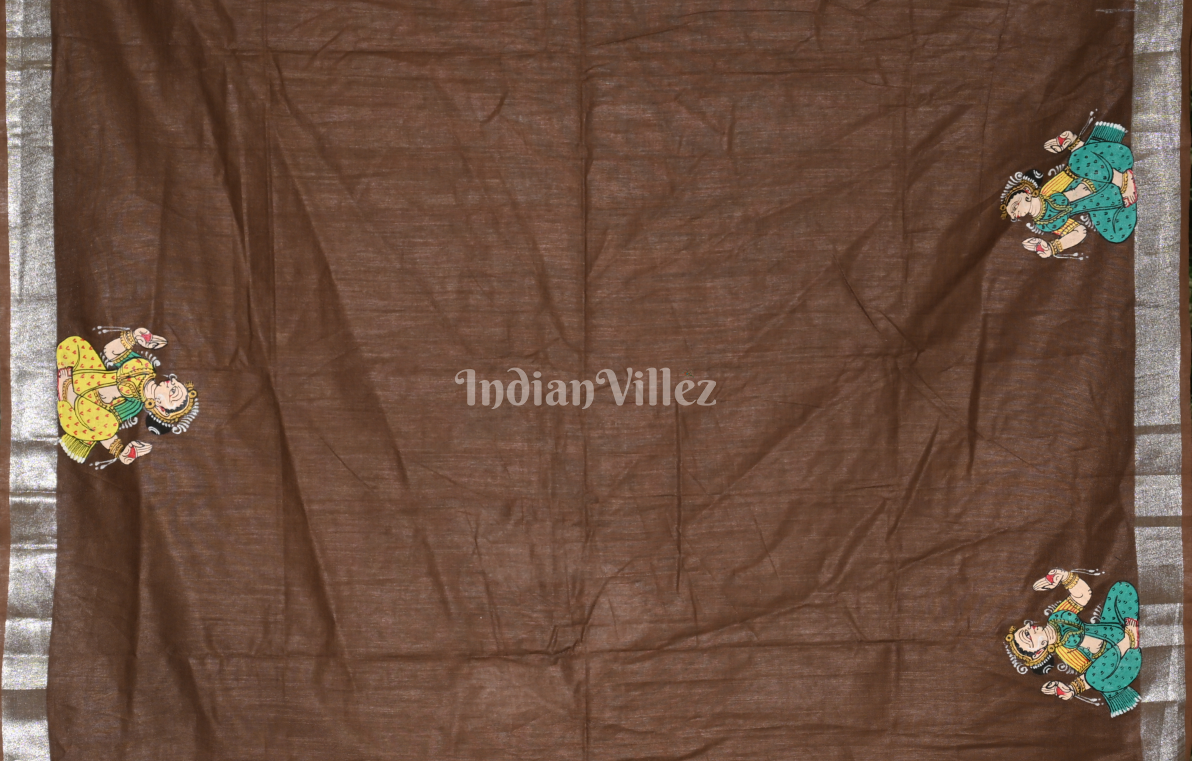 Brown Nartaki Theme Hand-Painted Pattachitra Saree (Linen)
