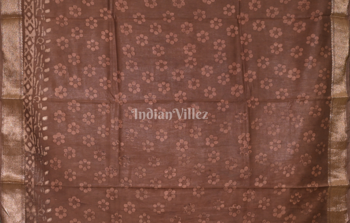 Brown Block Printed Dabu Cotton Saree 