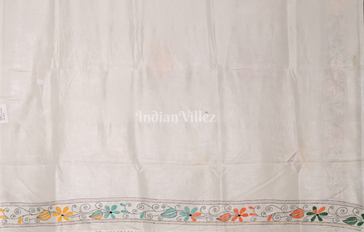 White with MultiColur Handwoven Kantha Stitch Silk Saree