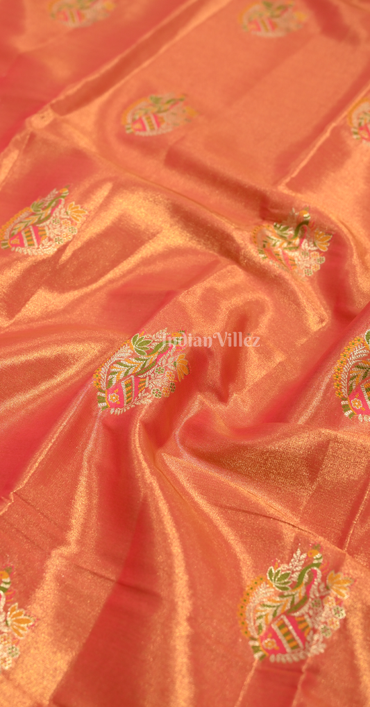 Peach Orange Pure Kanjivaram Tissue Silk Saree