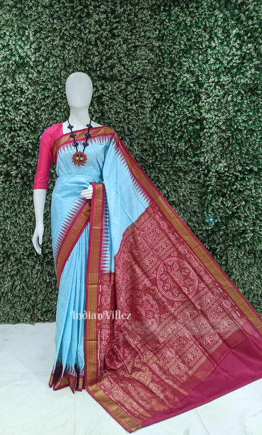 Sky Blue Pink Buti Odisha Ikat Bomkai Half Tissue Silk Saree
