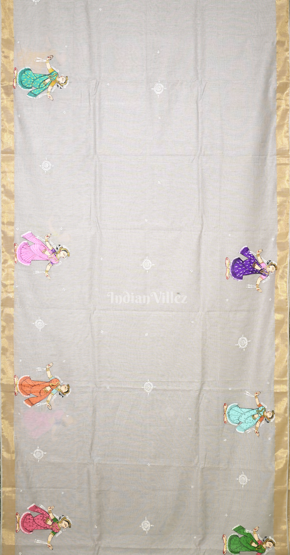 Grey Krishna Raas Leela Hand-Painted Pattachitra Saree