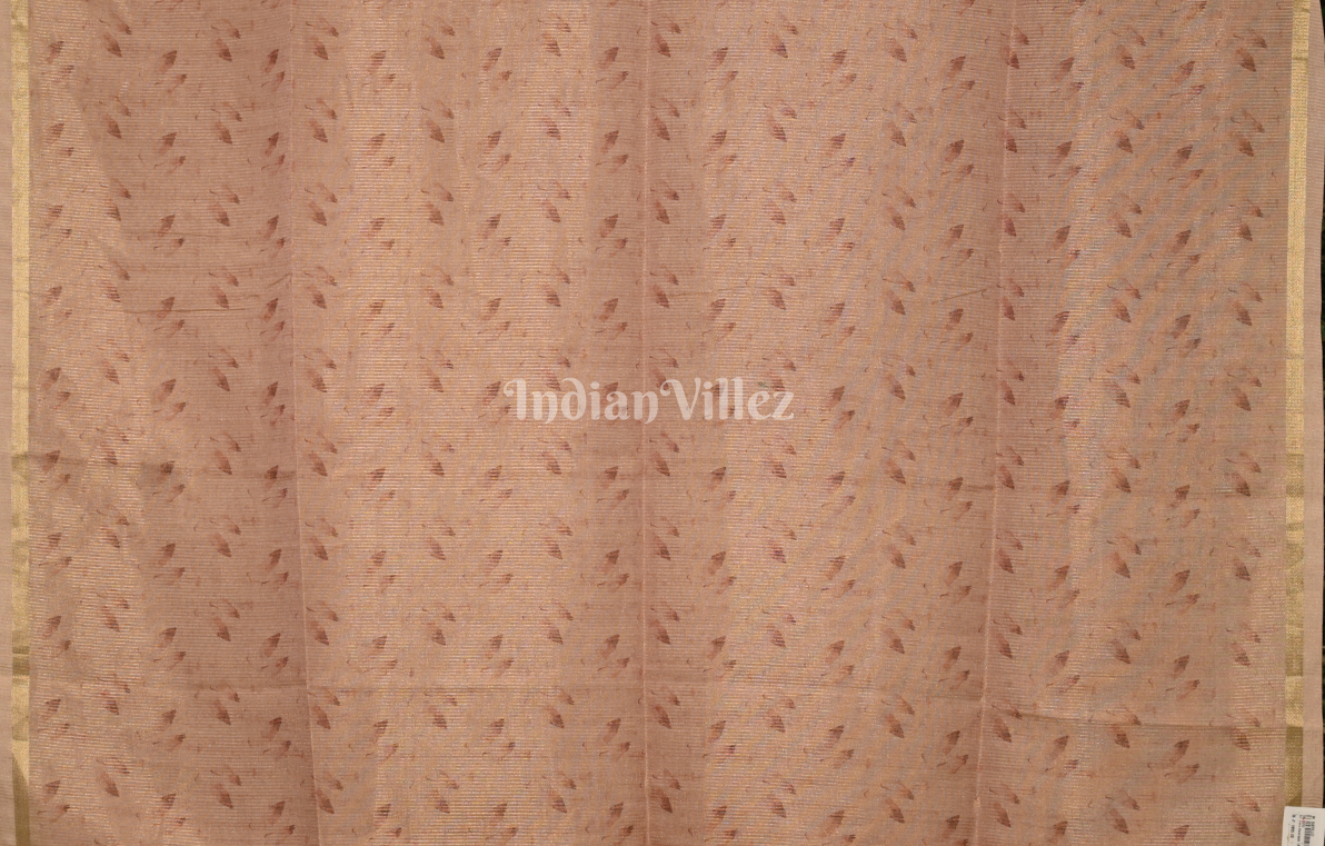 Peach Golden Tusasr Silk Saree with Floral Embroidery Work