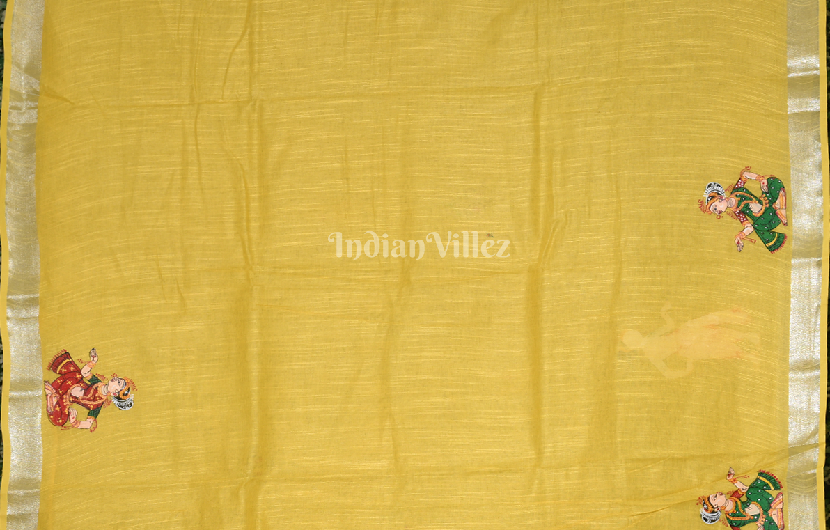 Yellow Raja Doli Theme Hand- Painted Pattachitra Saree