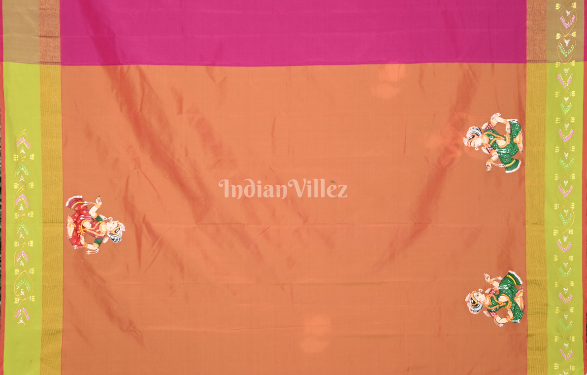Rani Pink Krishna Raas Leela Hand-Painted Pattachitra Saree
