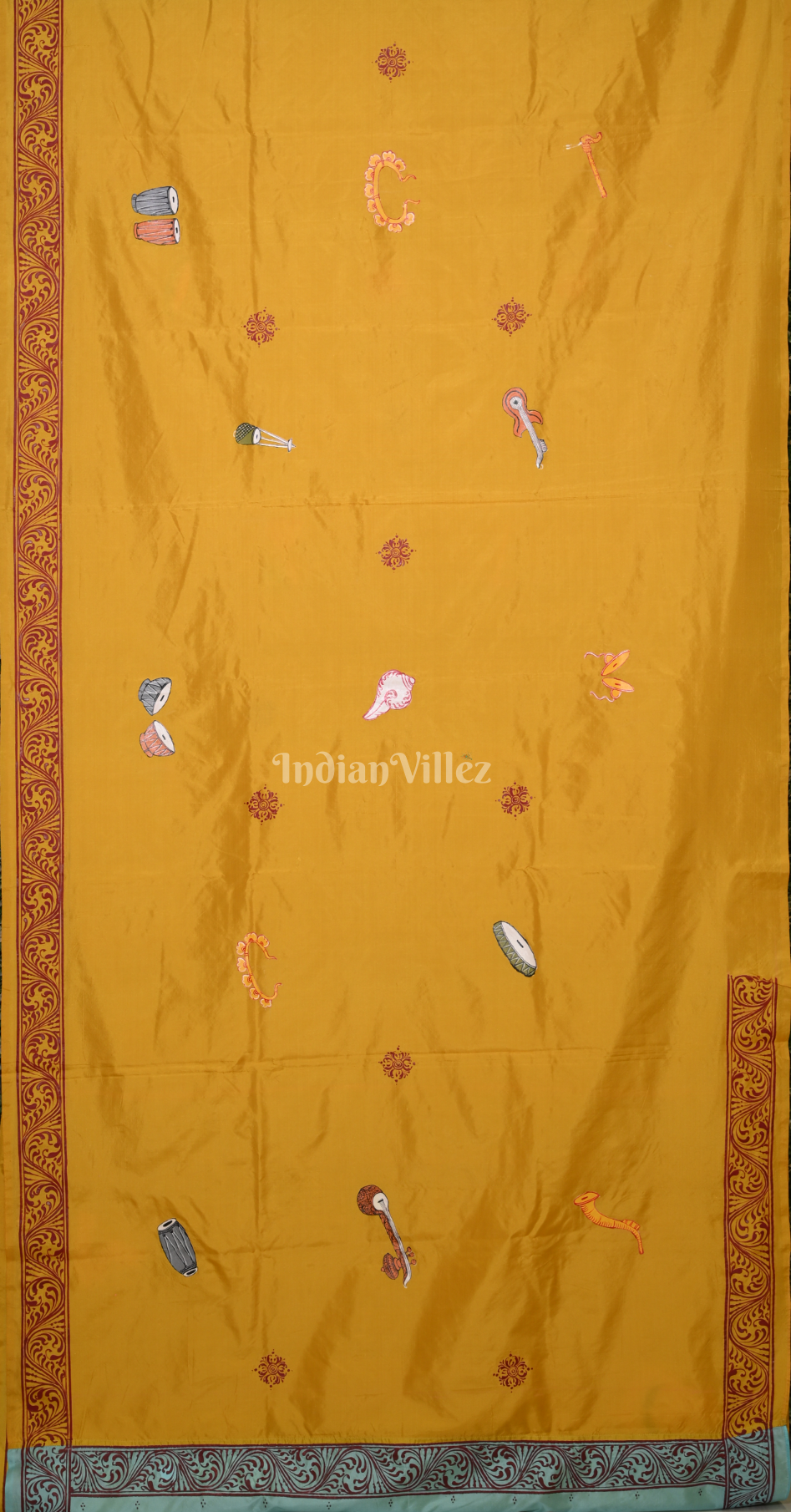 Mustard Yellow Musical Instruments & Dancer Theme Hand-painted Pattachitra Saree 