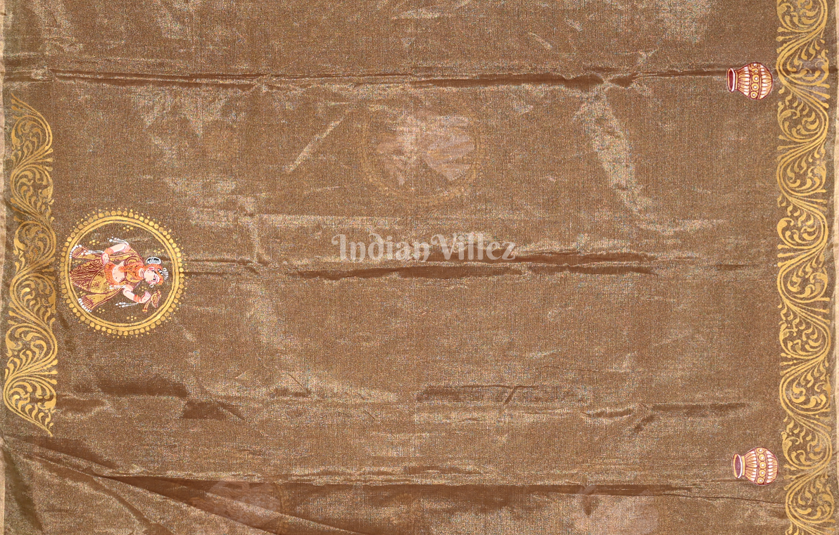 Brown Golden Shringar Raas Hand- Painted Pattachitra Saree (Tissue) 