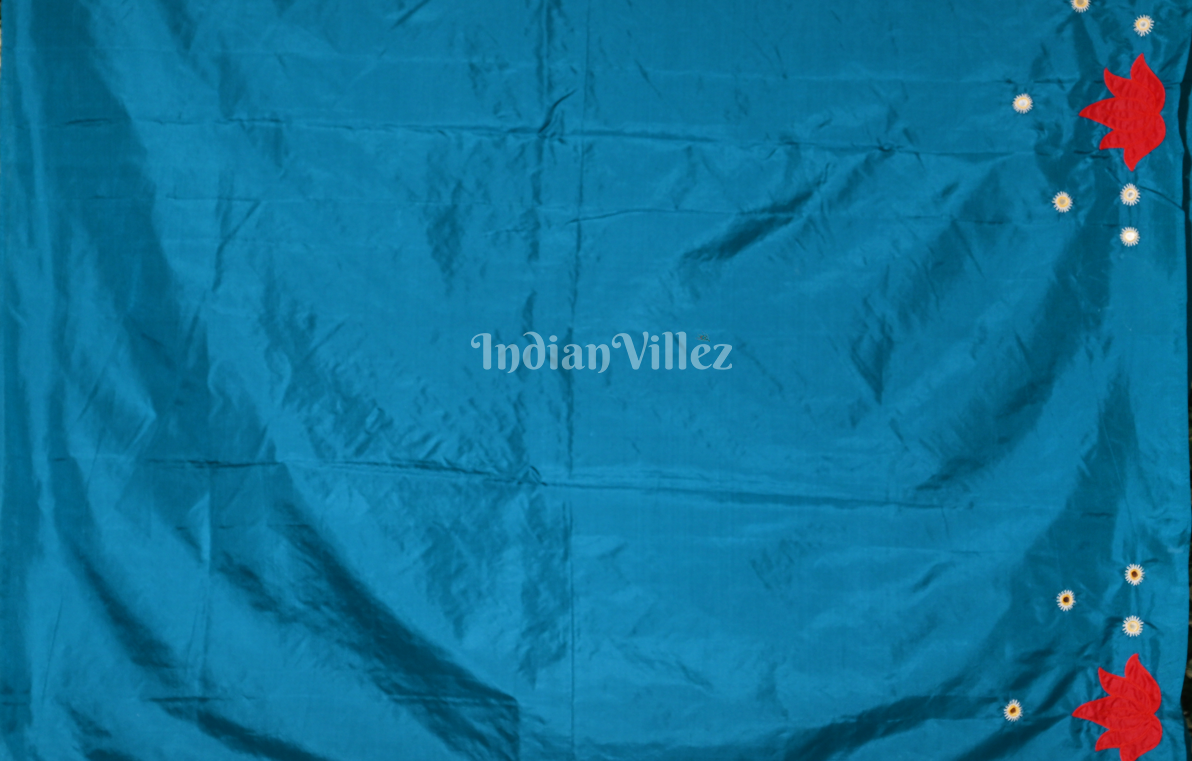 Blue Red Hand Embroidered Applique Work Saree